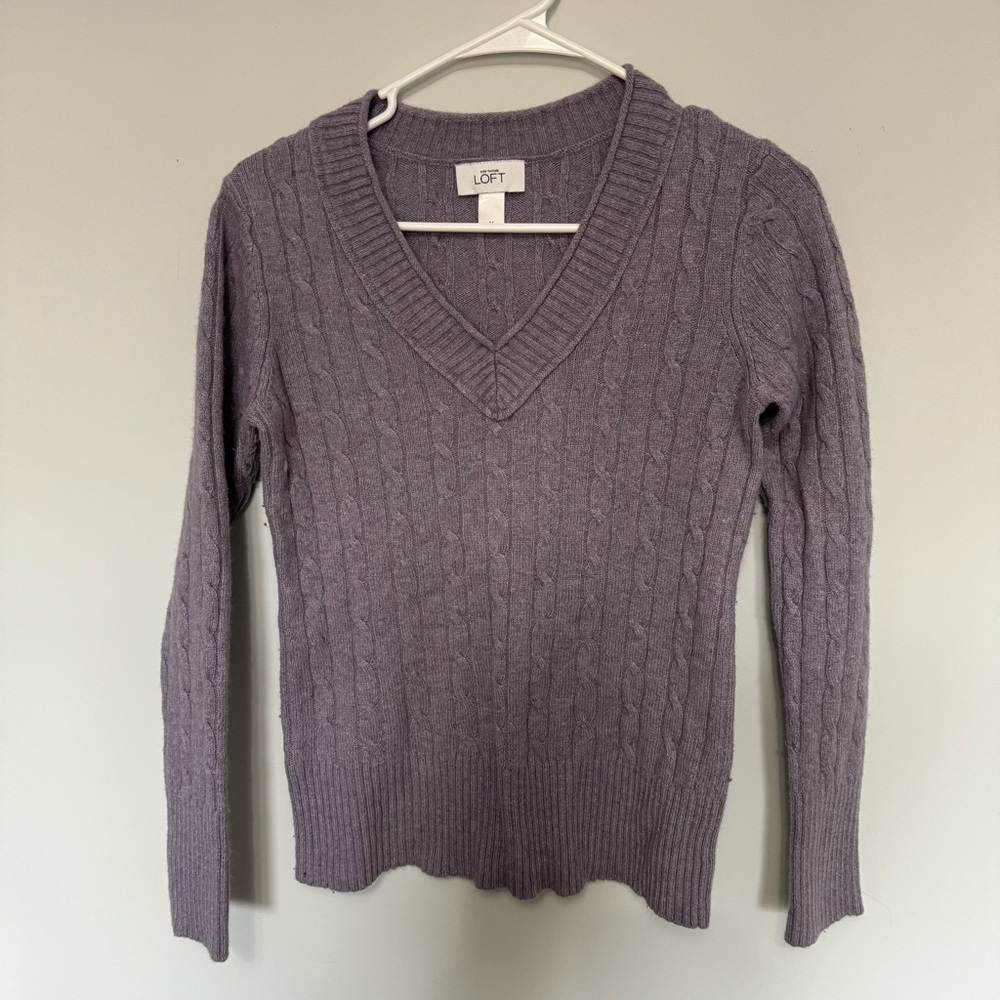 LOFT Purple V-Neck Sweater Rabbit Wool Blend Cable Knit